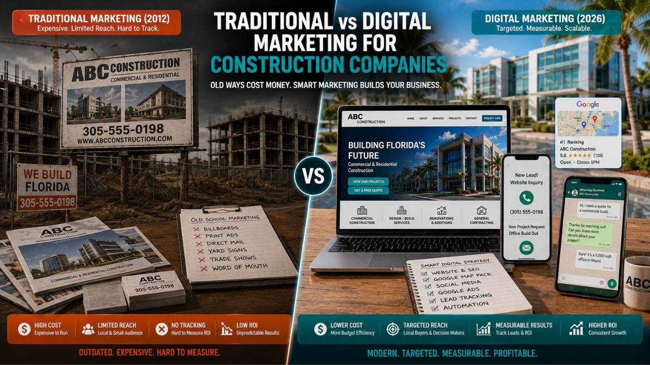 Comparison of old traditional construction marketing versus modern digital strategy in Florida