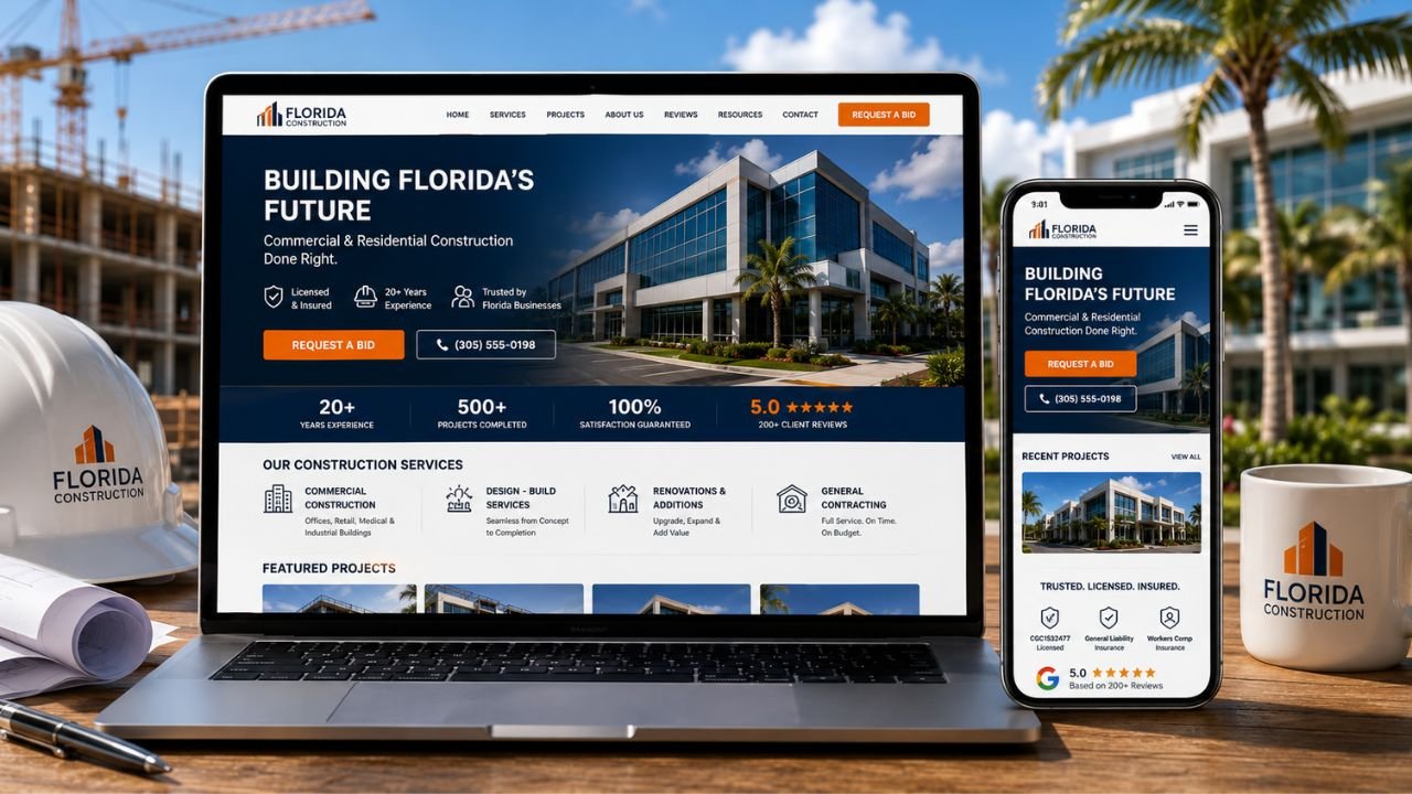 High-converting modern website for Florida construction company on laptop and mobile