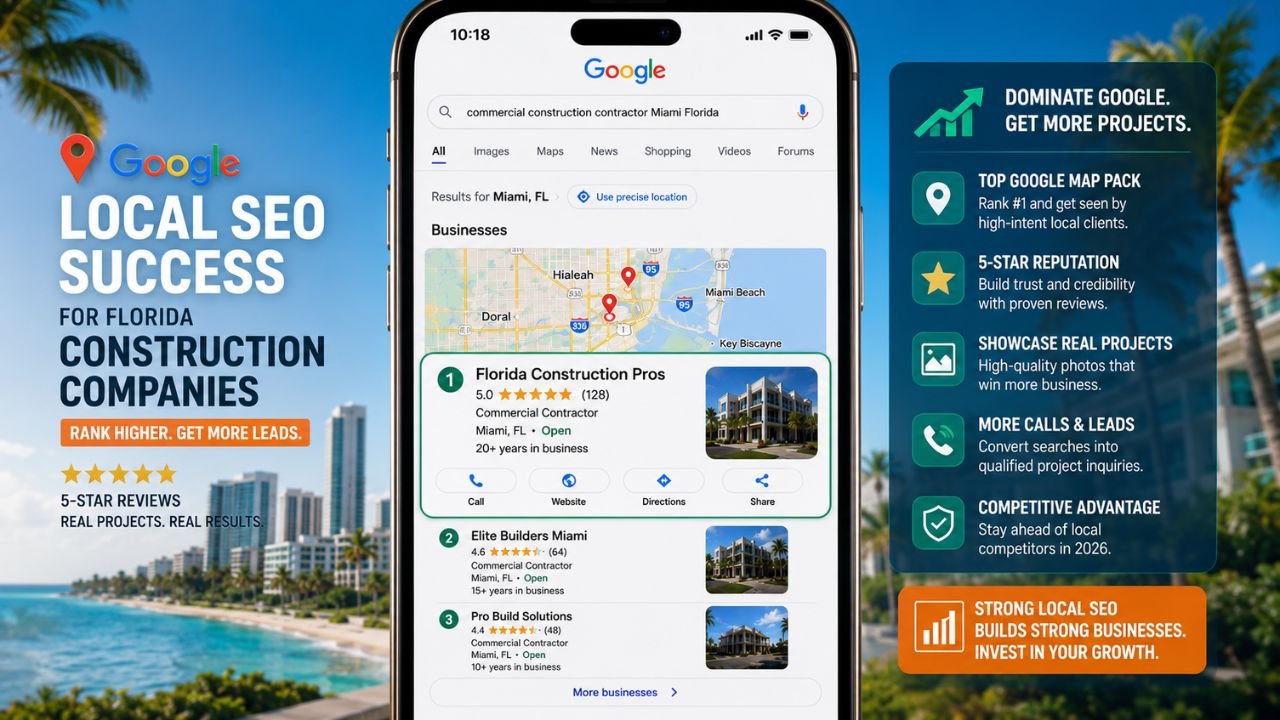 Google search results showing construction company dominating local Map Pack in Florida