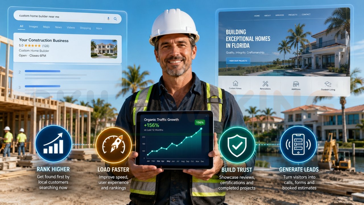 Construction contractor showing website optimization benefits including higher Google rankings, faster website speed, trust building, and lead generation
