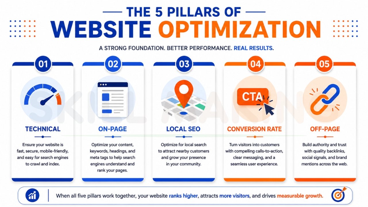 Five pillars of website optimization infographic covering technical SEO, on-page SEO, local SEO, conversion optimization, and off-page SEO