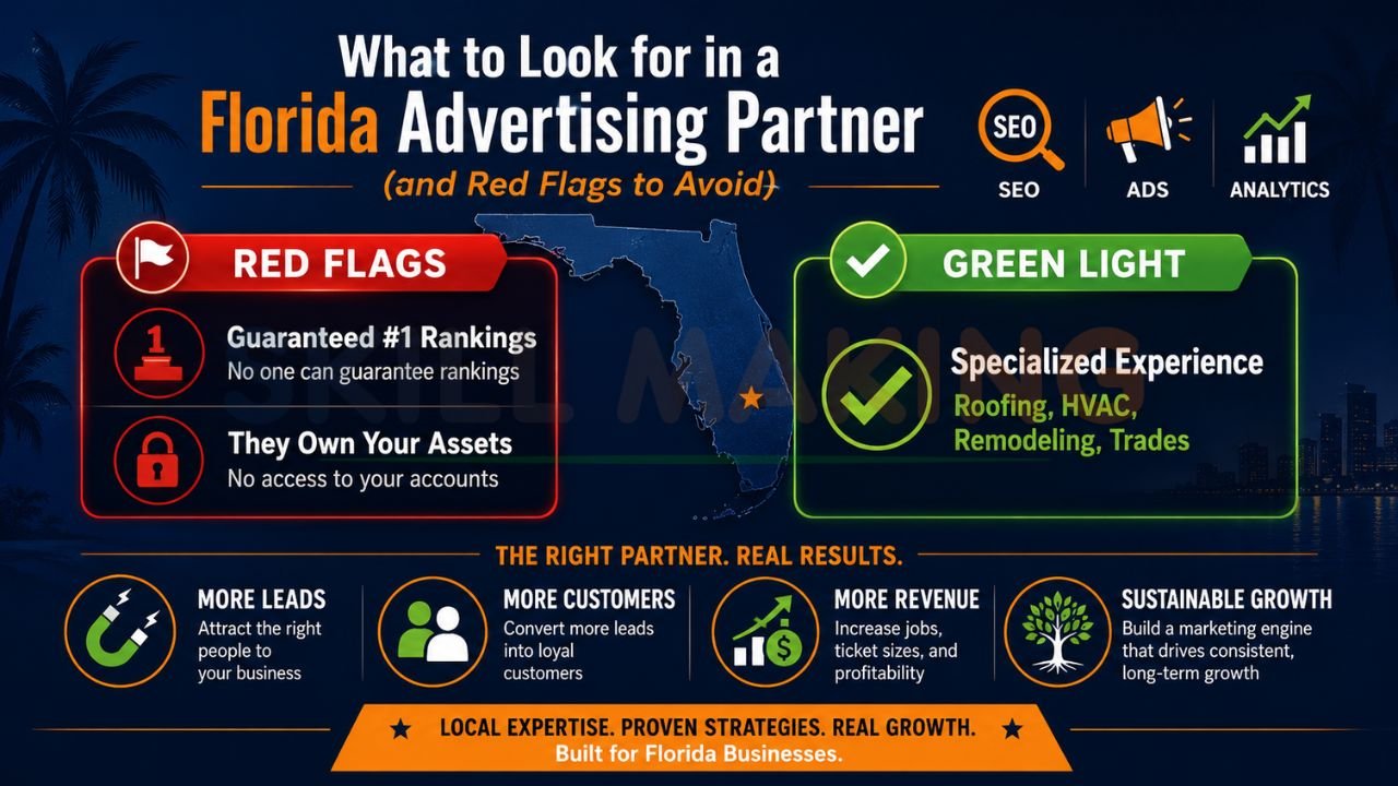 Florida advertising agency comparison infographic showing SEO red flags, contractor marketing expertise, analytics, and lead generation strategies