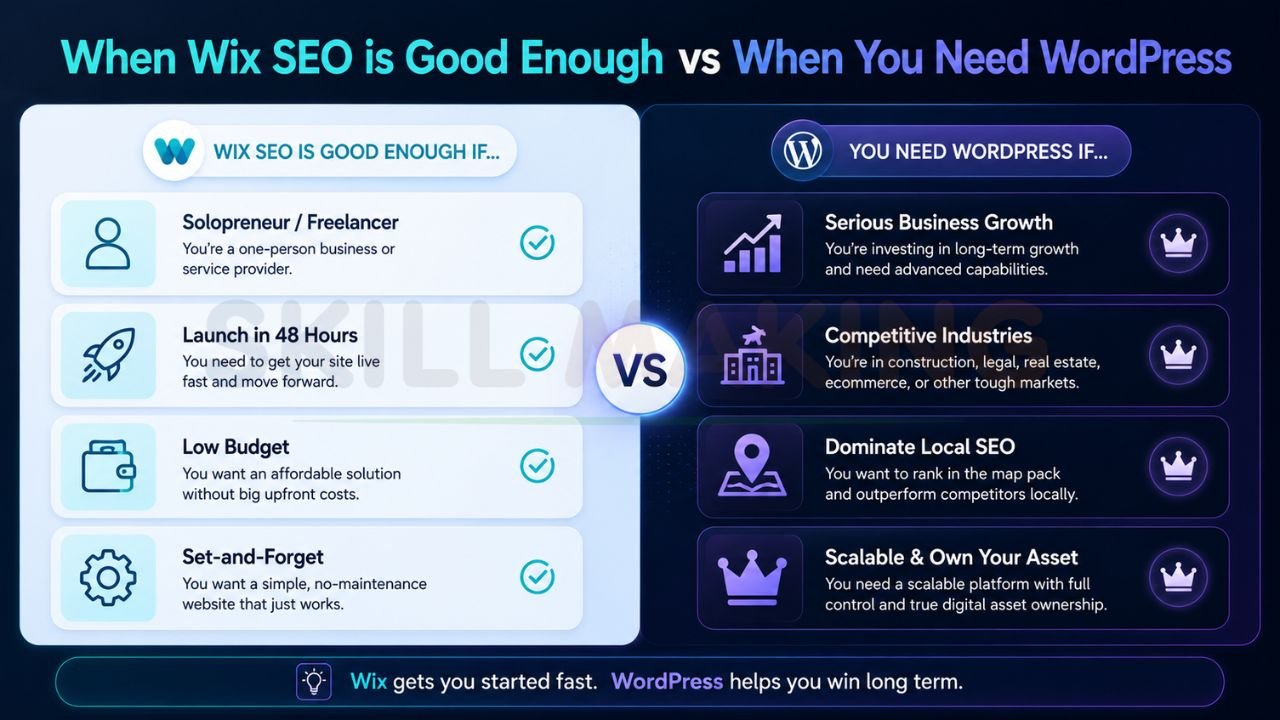 Comparison infographic showing when Wix SEO is suitable and when WordPress is better for business growth and advanced SEO