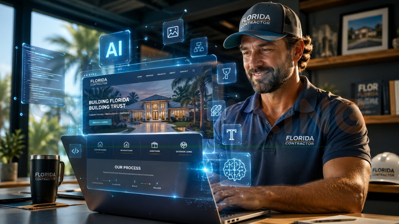 Florida contractor using AI web development tools to build a professional construction website with automation and smart design features