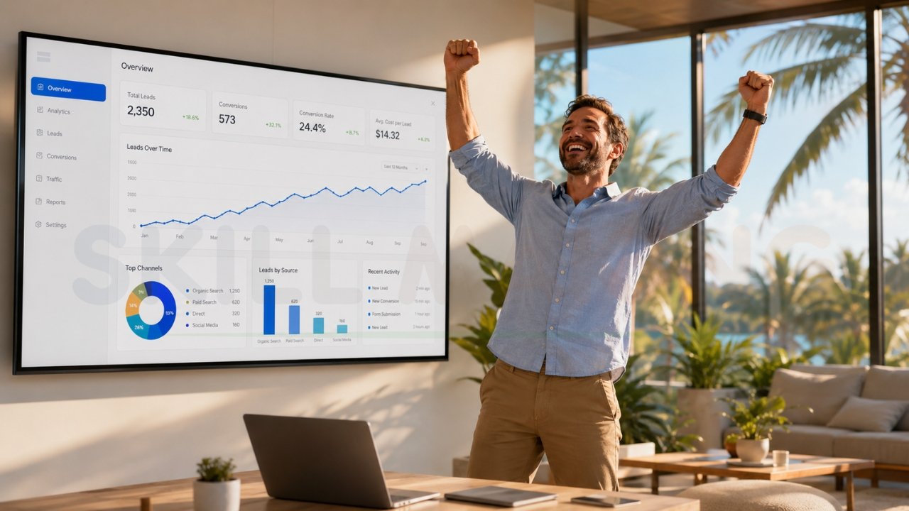 Business owner celebrating website growth and lead generation success while viewing analytics dashboard with conversions and traffic metrics
