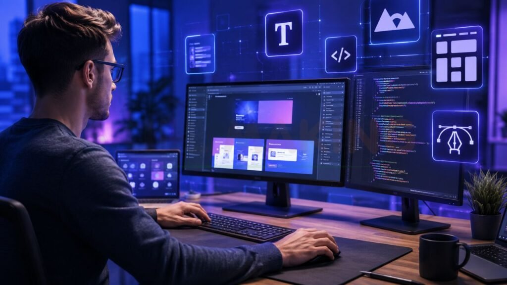 web designer using UI UX design software and coding tools for website development