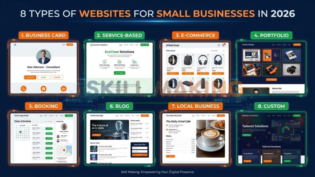 Collage showing brochure, service-based, portfolio, e-commerce and other website types