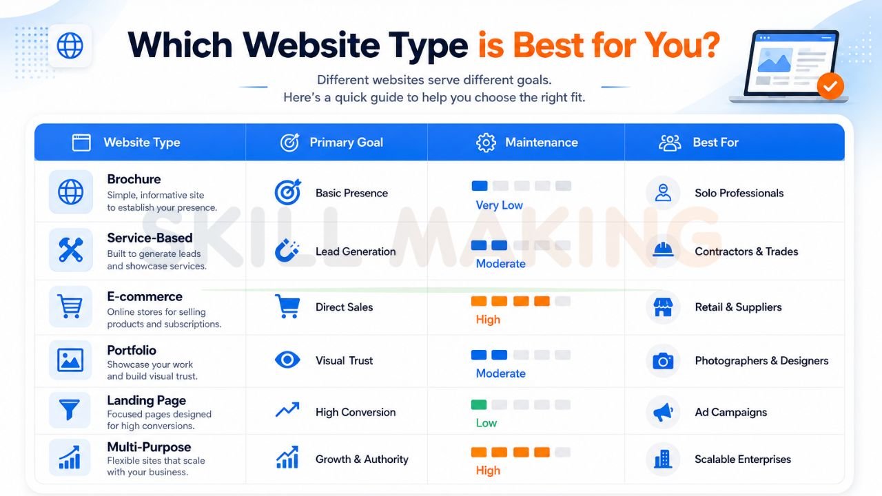 Comparison infographic showing brochure, service, eCommerce, portfolio, landing page, and multi-purpose website types for different business goals