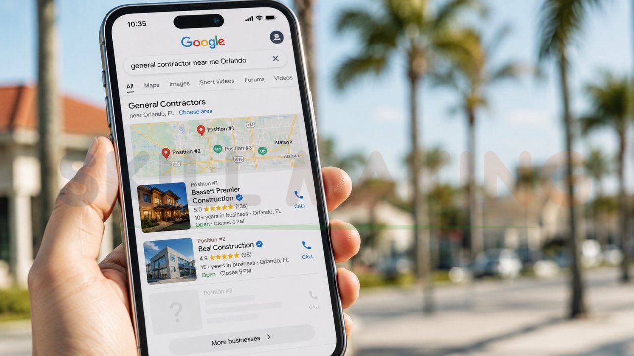 Google search results for general contractor near Orlando showing top local listings and map rankings