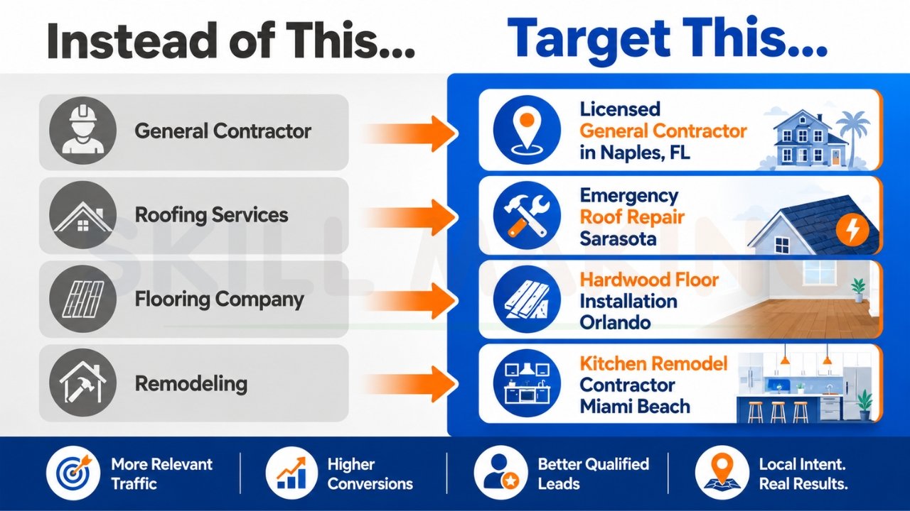Local SEO keyword targeting for contractors showing generic vs location-based keywords