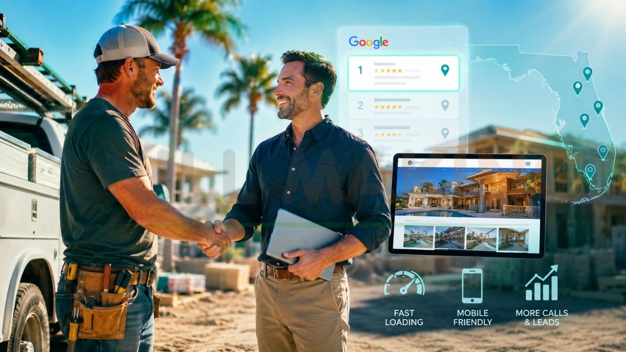 Contractor handshake showing local SEO success with Google rankings and increased leads
