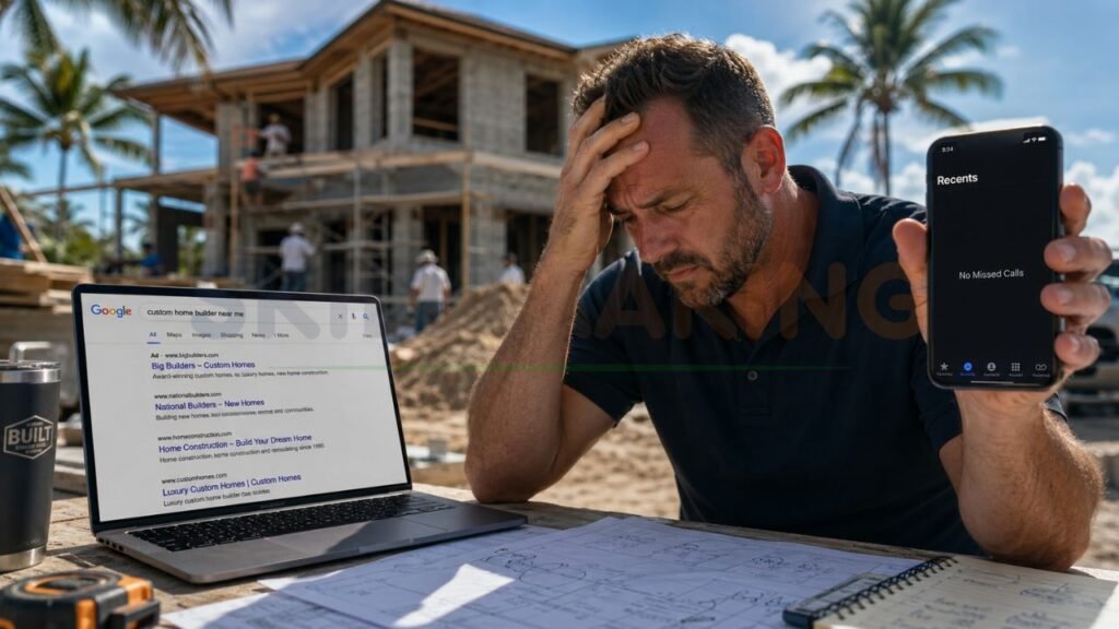 Frustrated Florida home builder checking Google rankings with no incoming phone calls or construction leads