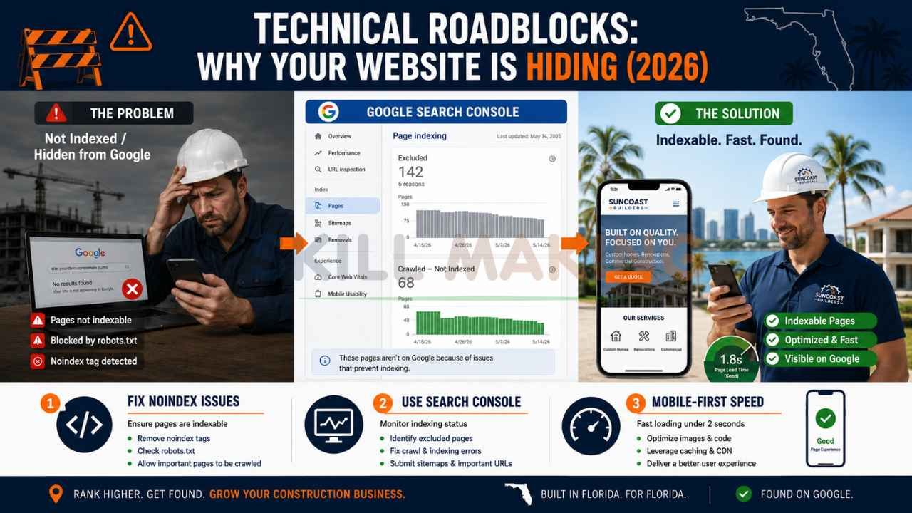 Technical SEO infographic explaining indexing and website visibility problems