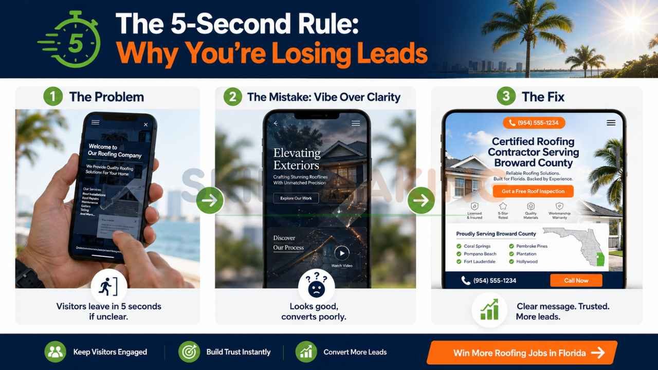 Website conversion optimization infographic showing why visitors leave contractor websites quickly