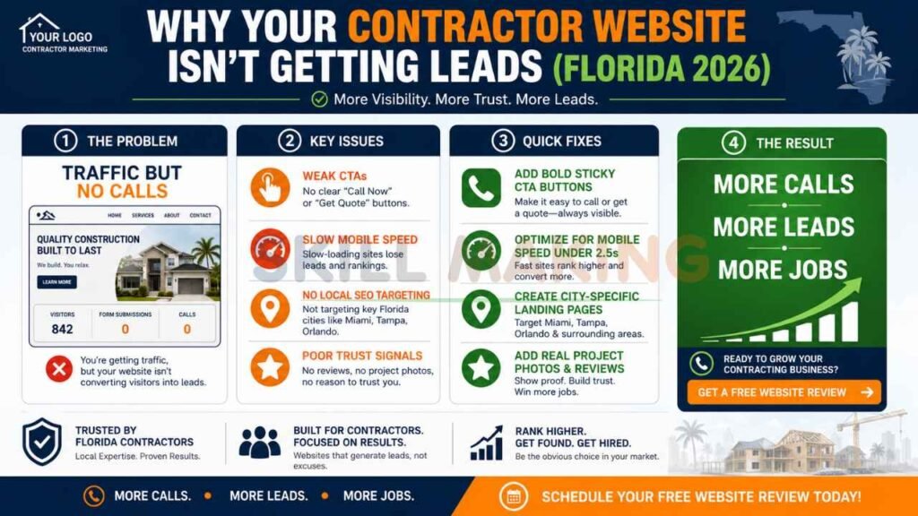 Contractor website lead generation infographic explaining SEO, speed, and conversion issues