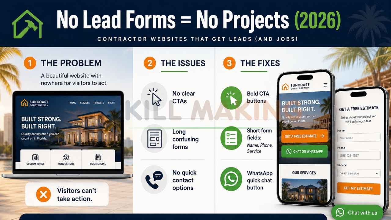 Contractor website lead generation infographic showing CTA buttons and mobile contact forms