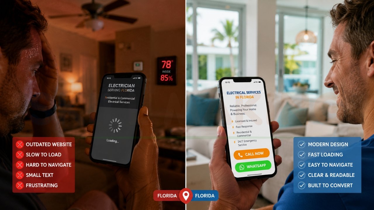 Outdated electrician website versus modern fast-loading mobile website comparison showing better user experience and higher conversion design