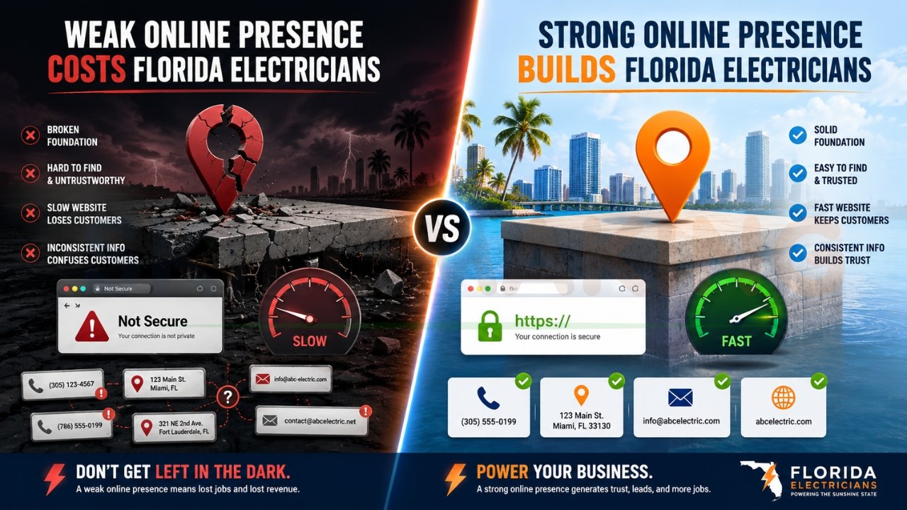 Weak versus strong online presence comparison for Florida electricians showing website trust, speed, SEO, and customer conversion impact