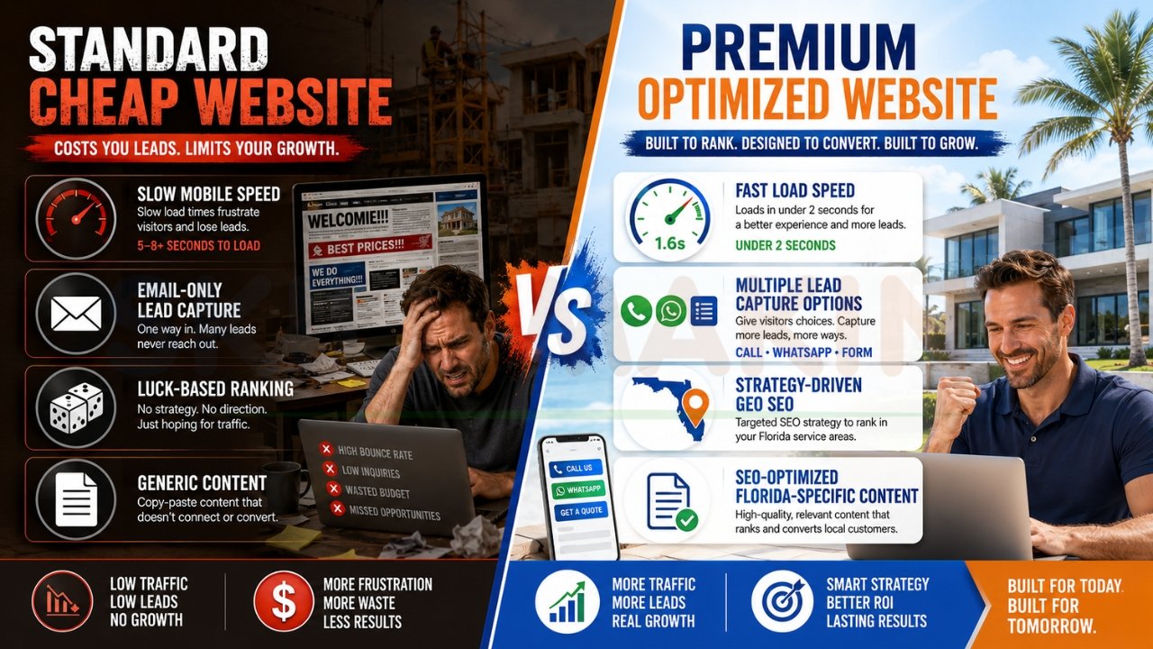 Cheap contractor website versus premium optimized website comparison showing speed, SEO, lead generation, and conversion improvements
