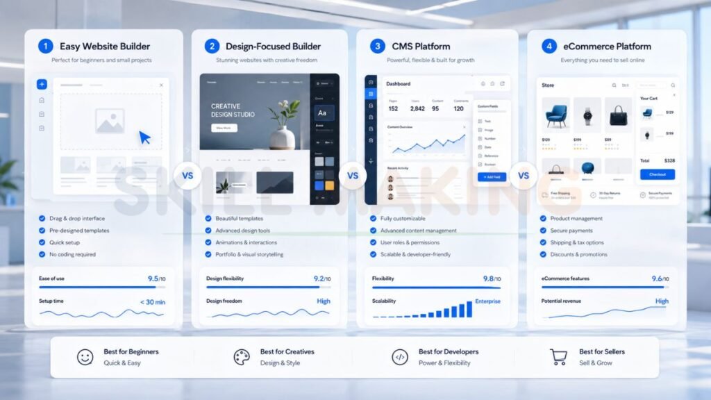 Comparison infographic of Wix, Squarespace, WordPress, and Shopify highlighting website building, design flexibility, CMS features, and eCommerce capabilities
