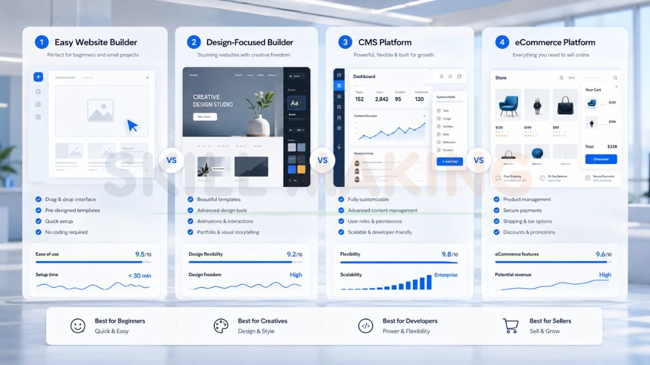Comparison infographic of Wix, Squarespace, WordPress, and Shopify highlighting website building, design flexibility, CMS features, and eCommerce capabilities
