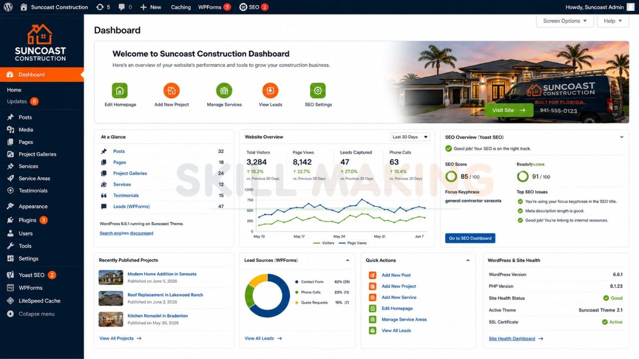 WordPress dashboard customized for Florida construction business management