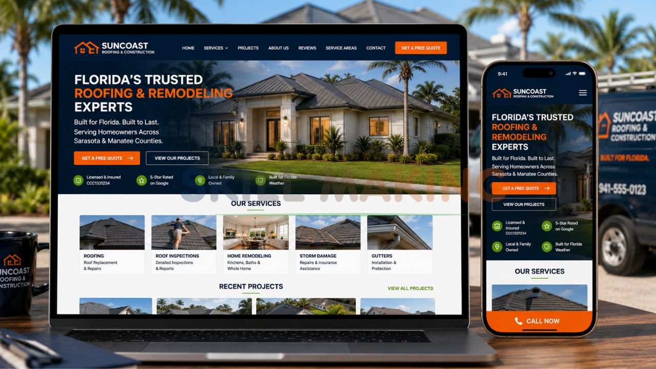 Responsive WordPress website for contractors viewed perfectly on smartphone and laptop