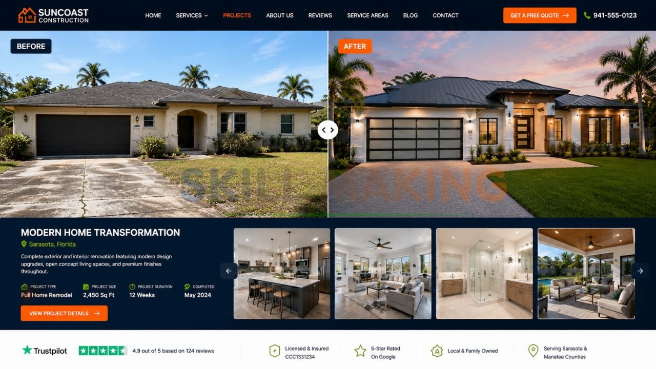 High-quality before and after construction project displayed on WordPress site