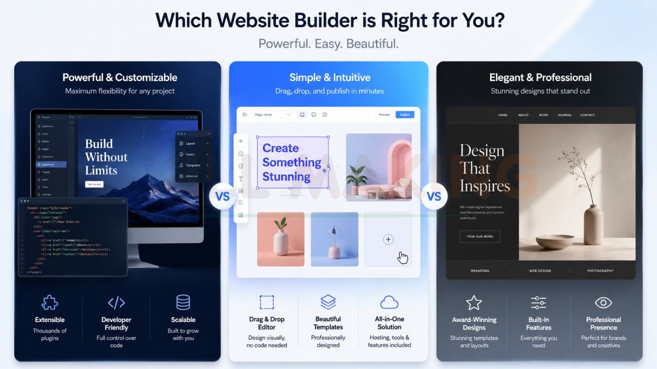 Comparison infographic showing WordPress, Wix, and Squarespace website builders with features, ease of use, customization, and scalability